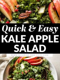 Colorful and satisfying, this Kale Apple Salad is rounded out with tangy Pecorino cheese, sweet pomegranate arils, and irresistibly crunchy glazed pecans. This is a simple yet elegant way to get your greens and is as delightful for everyday meals as it is for fall and winter holiday menus.