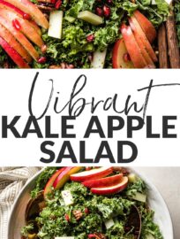 Colorful and satisfying, this Kale Apple Salad is rounded out with tangy Pecorino cheese, sweet pomegranate arils, and irresistibly crunchy glazed pecans. This is a simple yet elegant way to get your greens and is as delightful for everyday meals as it is for fall and winter holiday menus.
