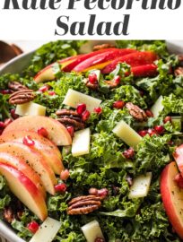 Colorful and satisfying, this Kale Apple Salad is rounded out with tangy Pecorino cheese, sweet pomegranate arils, and irresistibly crunchy glazed pecans. This is a simple yet elegant way to get your greens and is as delightful for everyday meals as it is for fall and winter holiday menus.