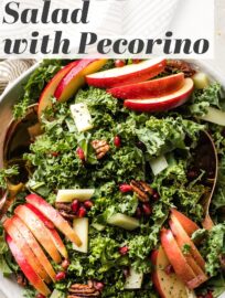 Colorful and satisfying, this Kale Apple Salad is rounded out with tangy Pecorino cheese, sweet pomegranate arils, and irresistibly crunchy glazed pecans. This is a simple yet elegant way to get your greens and is as delightful for everyday meals as it is for fall and winter holiday menus.