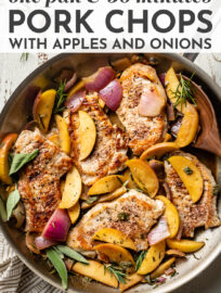 An easy and delicious recipe for pork chops with apples and onions - all made in one skillet! This is perfect and healthy fall comfort food; the recipe includes tips to help you turn out well-seasoned and perfectly cooked chops in a flavorful sauce, all in 30 minutes. #porkchops #fallrecipes