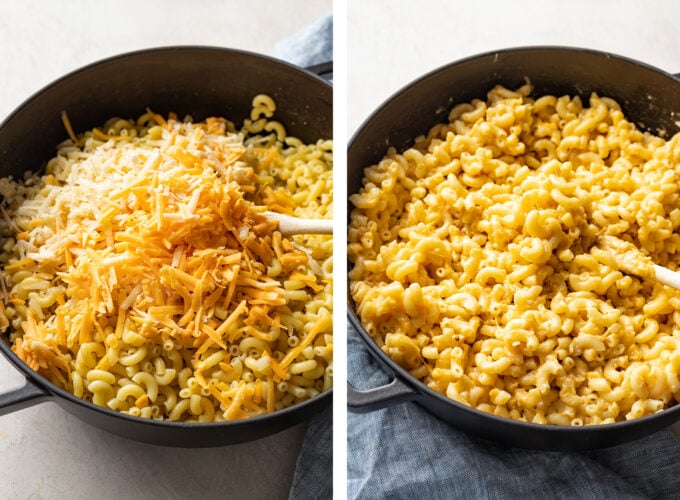 Cheese on pasta before and after melting and stirring.