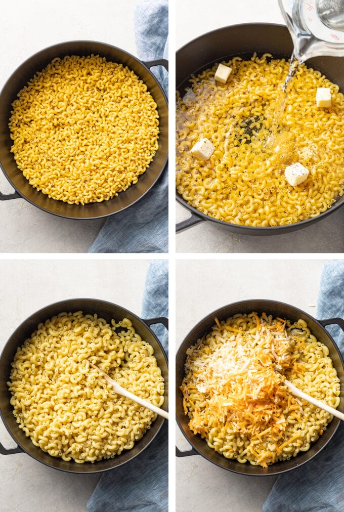 Step by step photos of elbow macaroni in a pot, adding water and seasoning, the cooked noodles, and cheese sprinkled on top.