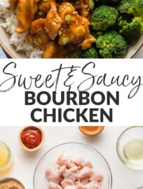 This is the best recipe for quick, easy, and delicious bourbon chicken - a family classic you can make in 30 minutes. Everyone will enjoy tender bites of chicken with crispy edges enveloped in a one-of-a-kind sticky, sweet pan sauce.