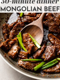 The BEST EASY 30 minute recipe for Mongolian beef that's truly fool-proof and tastes just like P.F. Chang's! Tender steak with crispy edges and the most mouth-watering sauce you can imagine. #mongolianbeef #easydinnerrecipes #copycatrecipes