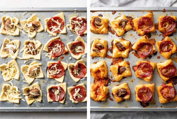 Puff pastry pizza bites, shown before and after baking in a mini muffin tin.