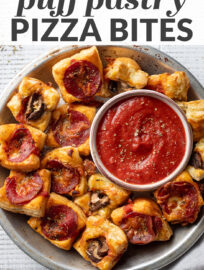 Puff pastry pizza bites are an easy, irresistible snack that take just a handful of ingredients and 10 minutes prep! Delicious with pepperoni or mushrooms!