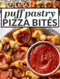 Puff pastry pizza bites are an easy, irresistible snack that take just a handful of ingredients and 10 minutes prep! Delicious with pepperoni or mushrooms!