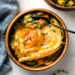 Veggie pot pie with a puff pastry crust.