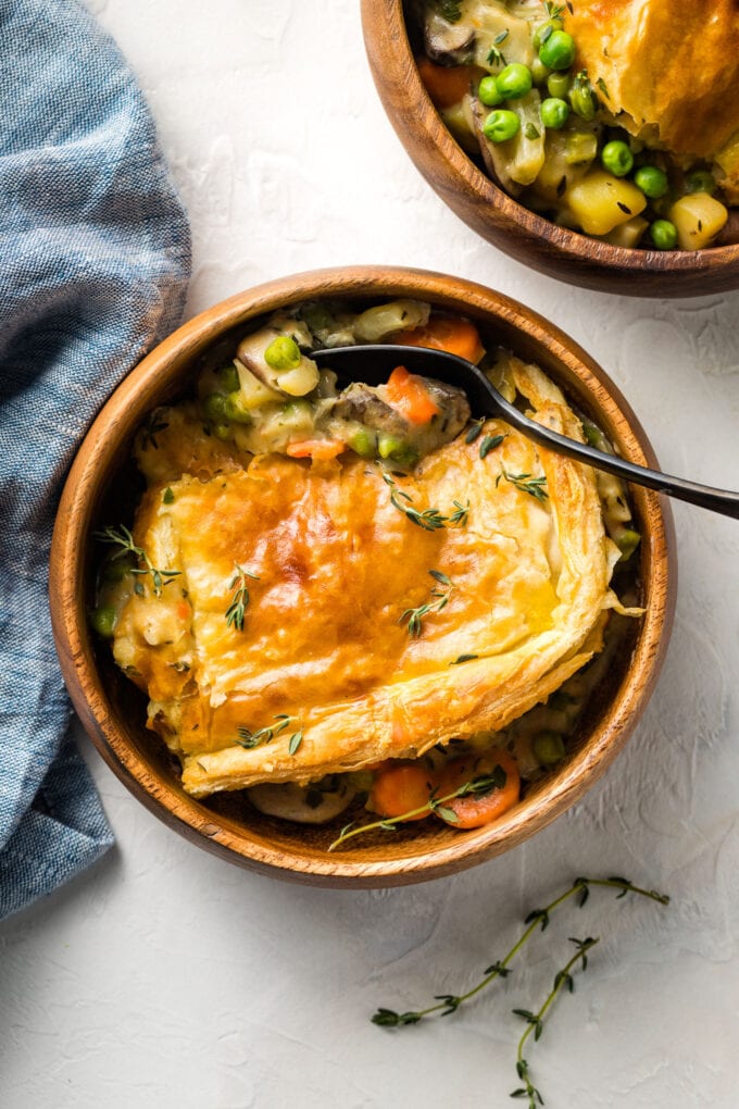 Veggie pot pie with a puff pastry crust.