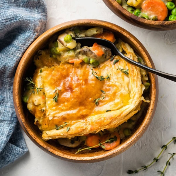 Veggie pot pie with a puff pastry crust.