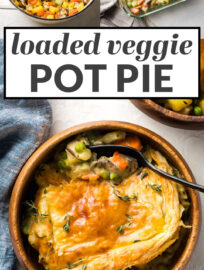 Make this comforting vegetarian pot pie for a cozy, filling meal tonight! Loaded with tender, flavorful veggies in a creamy roux and topped with a flaky puff pastry crust, this recipe delivers easy, healthy, plant-forward comfort food that pleases everyone!