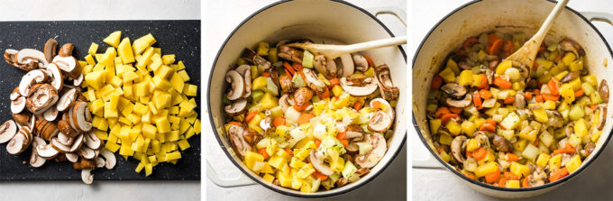 Sliced potatoes and mushrooms being cooked with carrots and other veggies in a Dutch oven.