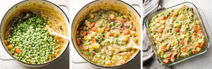 Collage image showing steps of adding peas and seasoning and scooping veggie pot pie mixture into a baking dish.