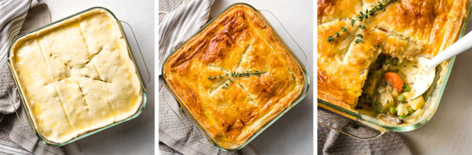 Collage image of puff pastry being laid on top and baked.