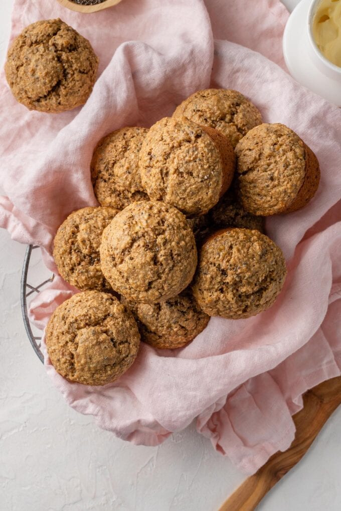 Banana bran muffins in a basket.