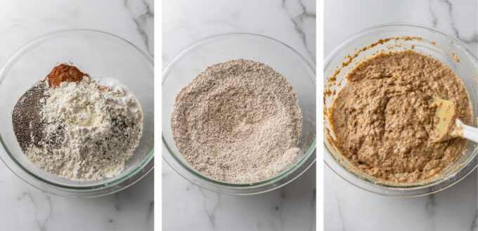 Mixing the batter for banana bran muffins.