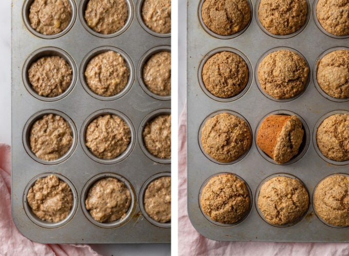 Banana bran muffins, before and after baking.