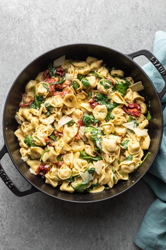 Overhead image of skillet with tortellini.