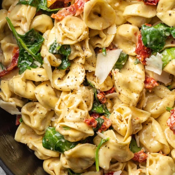Close up of Tuscan tortellini in a pan.