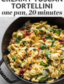 This creamy Tuscan tortellini is flavorful, quick, and super simple! One pan and 20 minutes transform store-bought tortellini into a gourmet meal with sun-dried tomatoes, spinach, garlic, and cream.