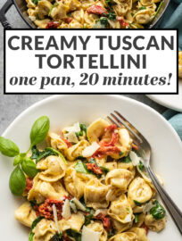 This creamy Tuscan tortellini is flavorful, quick, and super simple! One pan and 20 minutes transform store-bought tortellini into a gourmet meal with sun-dried tomatoes, spinach, garlic, and cream.