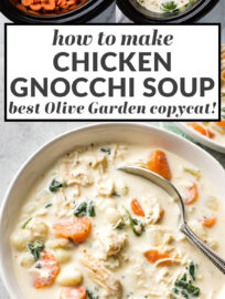 Craving comfort? This creamy crockpot chicken gnocchi soup is the perfect recipe! An amazing copycat for the Olive Garden favorite, it's packed with tender veggies and pillowy gnocchi in a velvety broth everyone loves. Plus it's crazy easy to make in your slow cooker, and an unexpected ingredient swap gives you a creamy soup with no cream! Make this homemade version once and it'll be a new family favorite.