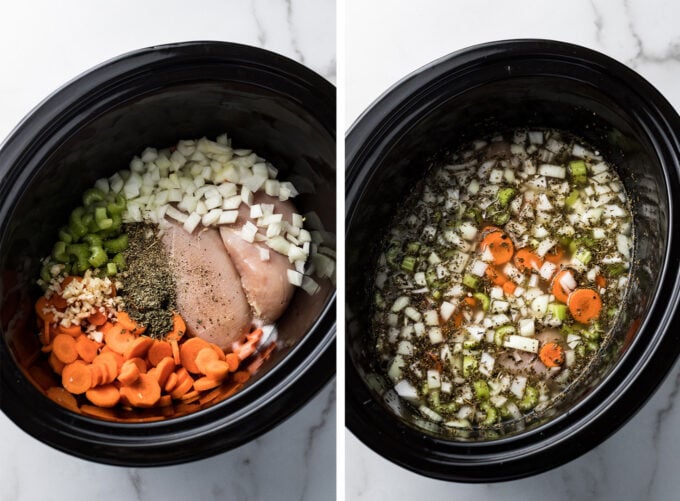 Ingredients for chicken gnocchi soup in a crockpot.