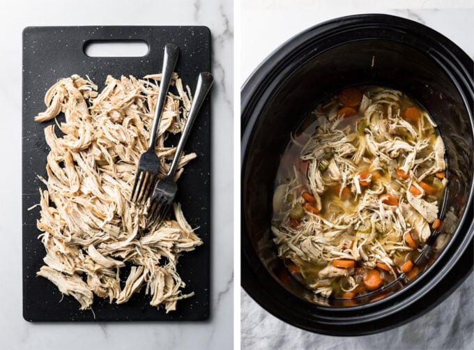 Shredded chicken on cutting board and returned to crockpot.