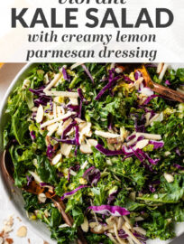 This healthy and easy kale salad recipe uses Brussels sprouts, red cabbage, sliced almonds, and tangy Parmesan to deliver great flavor. Simple to make with a creamy lemon Parmesan dressing that everyone will adore!