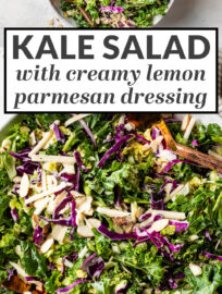 This healthy and easy kale salad recipe uses Brussels sprouts, red cabbage, sliced almonds, and tangy Parmesan to deliver great flavor. Simple to make with a creamy lemon Parmesan dressing that everyone will adore!