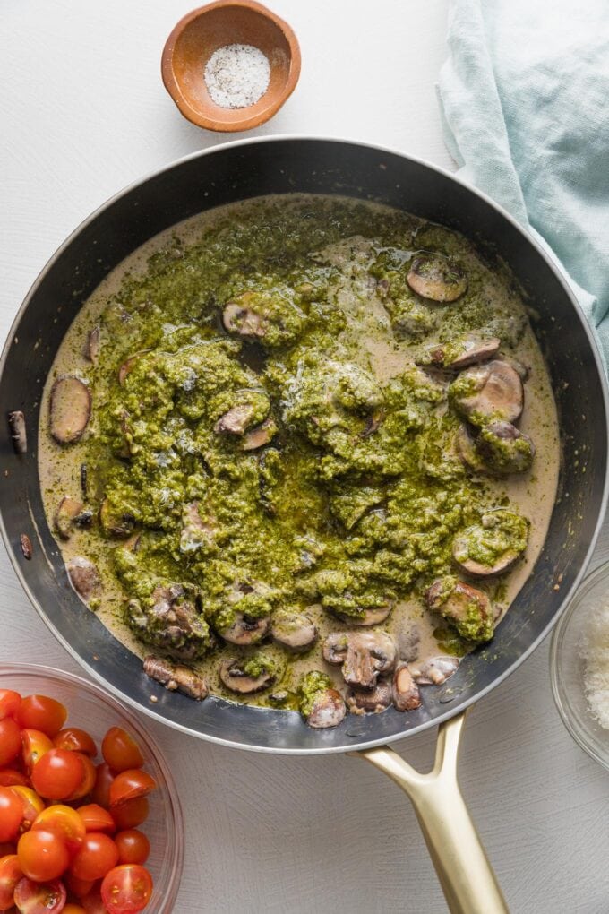 Pesto added to cream mushroom sauce.