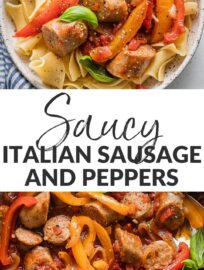 Whip up this easy, one pan recipe for Italian sausage, peppers, and onions in a light tomato sauce when you want maximum flavor and minimal effort! Serve over pasta, roasted veggies, mashed potatoes, or stuffed into hoagie rolls. Either way, it's a soul-warming 30 minute meal.