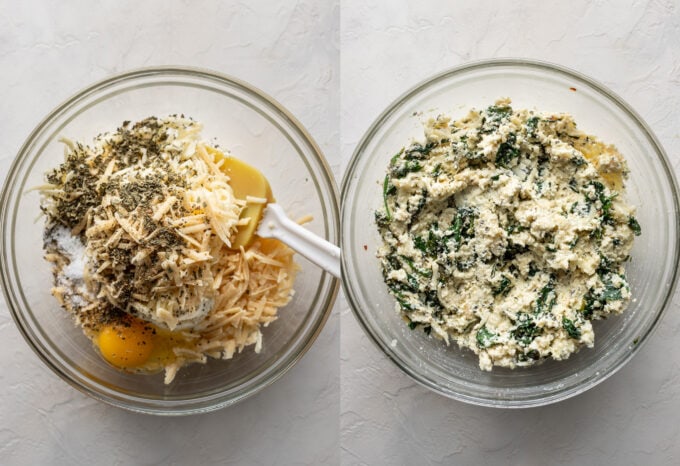 Close-up of filling for spinach and ricotta stuffed shells in a clear kitchen prep bowl.