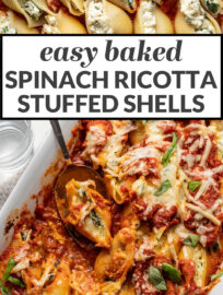 The only recipe you need for the best spinach and ricotta stuffed shells! This easy and classic baked pasta has all the best Italian flavors: three flavorful cheeses, tender garlicky spinach, and delicious marinara sauce, all nestled in jumbo pasta shells for a filling, comforting, and crowd-pleasing vegetarian dinner.