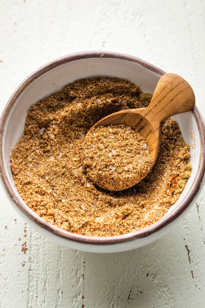 Spices mixed together in a small white bowl.