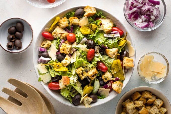 Landscape photo of salad bowl and ingredients.