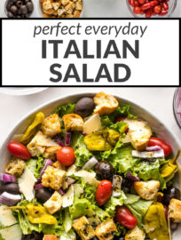 Complete your favorite meal with this easy Italian salad! Crisp greens, juicy tomatoes, tangy olives, and crunchy croutons make this a winner every time. A perfect Olive Garden dupe that is crowd-pleasing and crazy easy to customize and make at home!