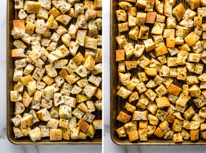 Collage of croutons on baking sheet before and after baking.