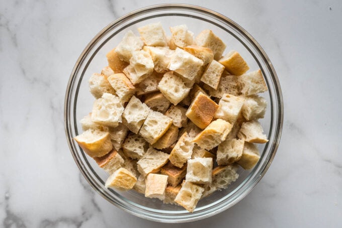 Bread cubes in a bowl.