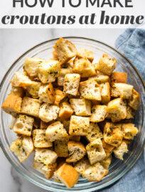 Learn how to make homemade croutons that are crunchy, flavorful, and so much better than anything store-bought. These are perfect for using in salads, soups, stuffing, and more!