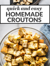 Learn how to make homemade croutons that are crunchy, flavorful, and so much better than anything store-bought. These are perfect for using in salads, soups, stuffing, and more!