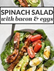 A hearty spinach salad with bacon and hard-boiled eggs is super satisfying without weighing you down! This easy recipe with tender greens, crisp bacon, juicy tomatoes, and a tangy vinaigrette is a modern take on a classic that's equal parts good and good-for-you.