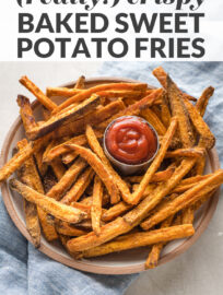 Photo with text: "really crispy baked sweet potato fries"