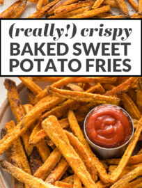 Collage photo with text: "really crispy baked sweet potato fries"