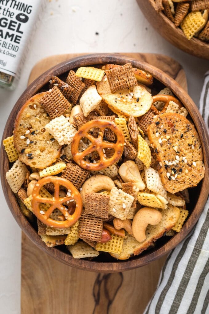 Close-up of homemade Chex mix and Trader Joe's everything but the bagel seasoning.