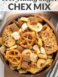Collage image with text, "everything bagel Chex mix"