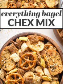 Collage image with text, "everything bagel Chex mix"