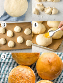 Collage with step by step photos showing how to make hamburger buns.