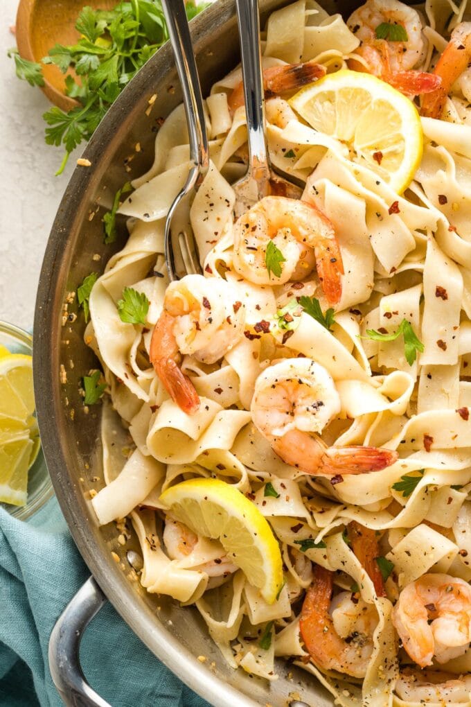 Close-up of shrimp in a skillet.